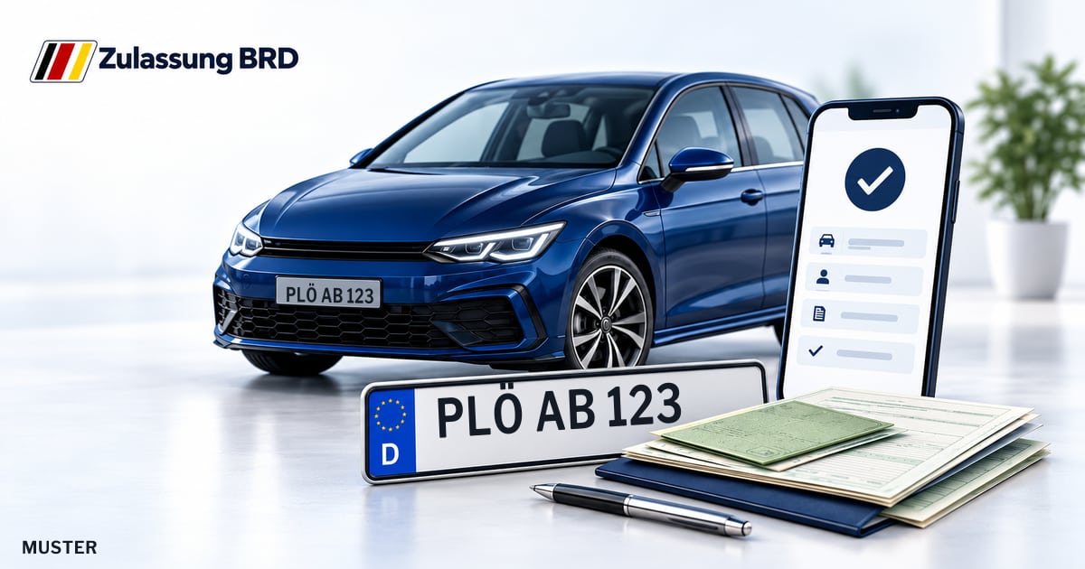 Online Fahrzeugzulassung in Preetz: Musterkennzeichen PLÖ AB 123, Auto und Fahrzeugpapiere und Smartphone. Illustration mit Logo von Zulassung BRD.
